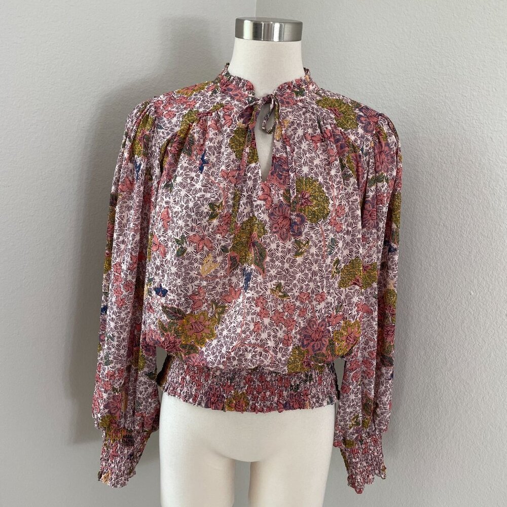 NEW Joie Womens Large Floral Long Sleeve Smocked Hem Blouse Front Neck Tie‎ Top
